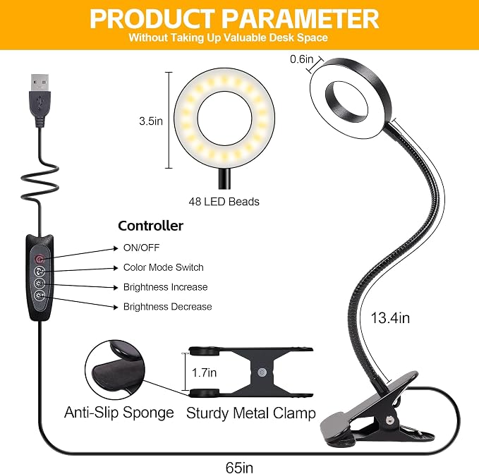 Foneso Desk Lamp Clip on Light, 48 LEDs USB Lamp - Image 3