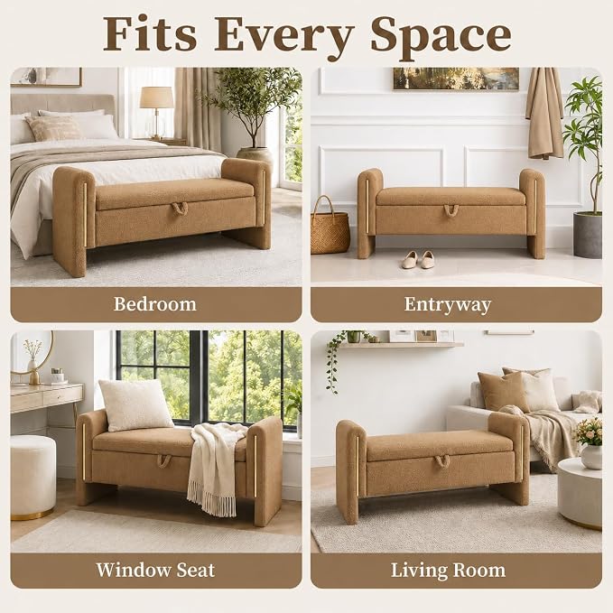 52" Upholstered Storage Bench, Wood Frame | Mid-century storage ottoman bench - Image 9