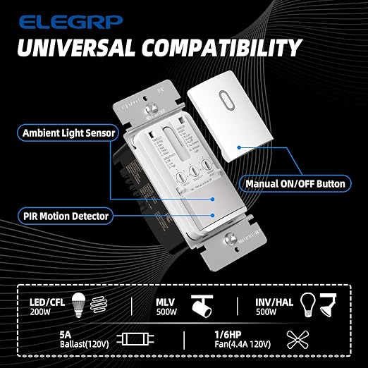 ELEGRP Matte White Single Pole Occupancy Motion Sensor Light Switch, Need Neutral Wire, 120° Sensor Coverage PIR Infrared Motion Activated, for CFL/LED/MLV/INC/HAL/Fan, UL,2 Pack