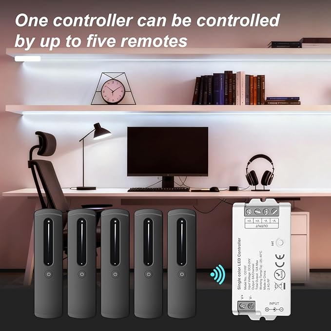 2.4GHz RF Single Color LED Strip Controller Remote Kit, Wireless Remote & Tuya Controller Dimmer with Group Control Adjust Brightness Touch Slide for PWM 2Pin COB LED Strip Light DC5V DC12V DC24V