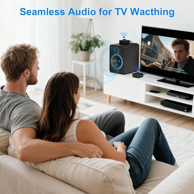 YMOO 2.4GHz Wireless Audio Transmitter and Receiver for TV, 25ms Low Latency, 200Ft Long Range, Wireless Audio Adapter Kit with AUX RCA in/Out for Stereo/Soundbar/Speaker/Amplifier/PC