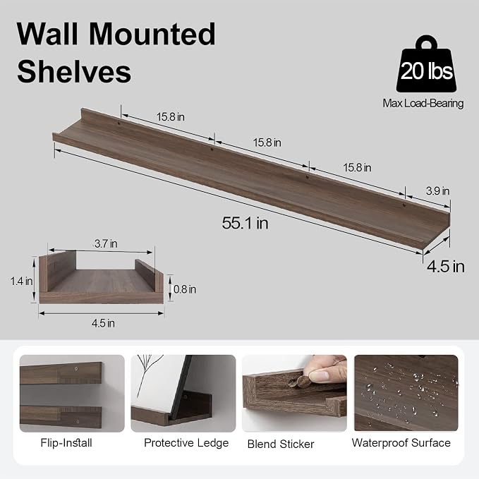 Walnut Floating Shelves for Wall Decor, 56 in Shelf - Image 3