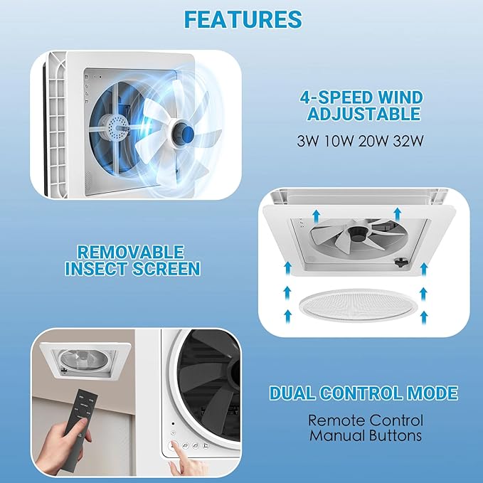 2012 14" RV Roof Vent Fan with LED Light, Air Max Reversible Exhaust Vent, Ultra Low Noise 12V - 24V Ceiling Fan with Remote and Rain Sensor for Camper, Trailer, Van, Motorhome Ventilation