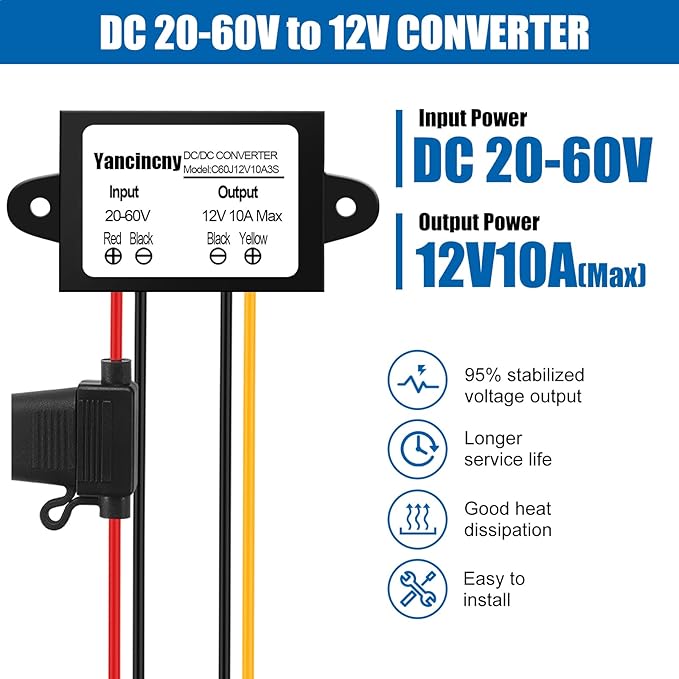 Yancincny DC 20V-60V to 12V Buck Converter 10A 120W Golf Cart 24V 36V 48V 60V Step Down to 12V Converter Voltage Regulator Reducer with Fuse Waterproofing Transformer for Golf Cart Club Car LED Lights