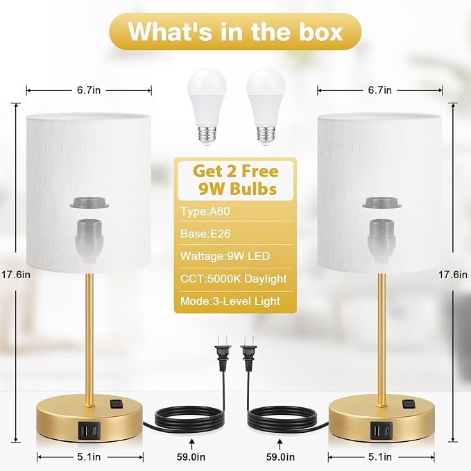 17.6" Gold Touch Lamps for Bedroom Set of 2 - Image 4