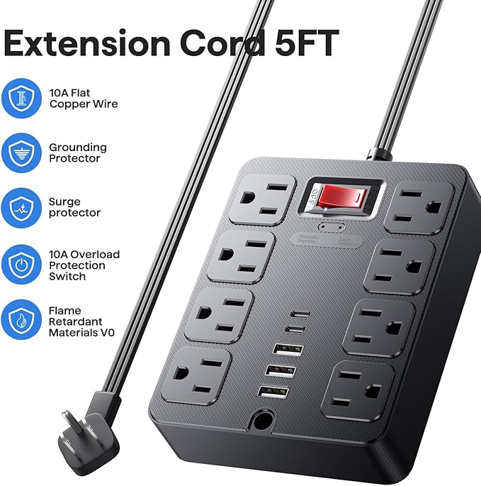 13 in 1 Surge Protector Power Strip Flat Plug 8 Widely AC Outlet 3 USB Ports,1250W/10A，5 ft Extension Cord with Multiple Outlets, Desk Extender for Dorm, Home,Travel， Office Essentials,ETL Listed