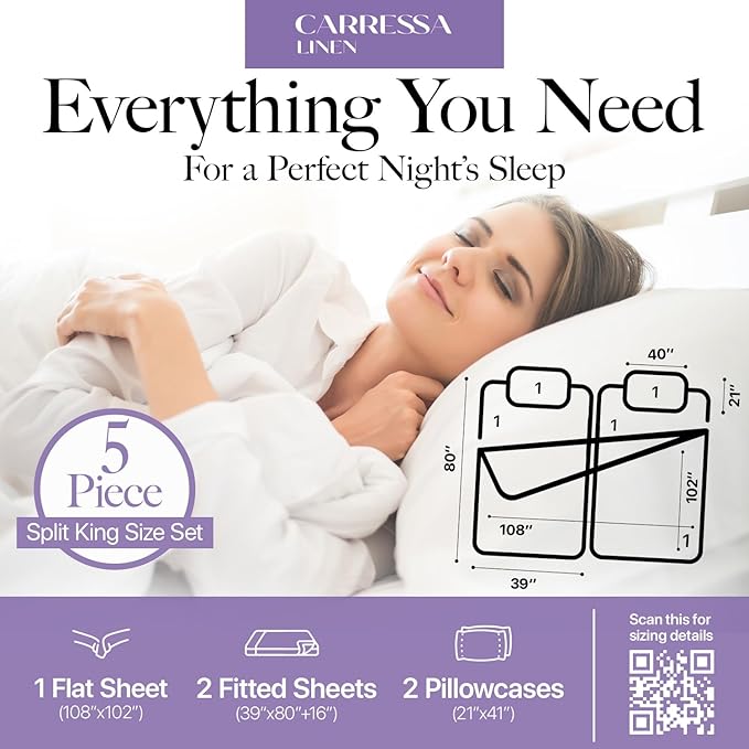 Carressa Linen Split King Sheets Sets for Adjustable Bed - 100% Egyptian Cotton 600 Thread Count 5 PC Top Split King Sheet Set (Burgundy), 16" Deep Pocket Silky Soft Cooling Luxury Hotel Sheets