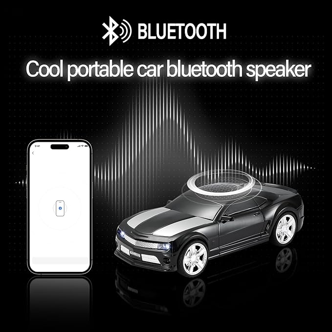 WSTER Sports Car Model Bluetooth Speaker with Stereo Sound, TWS Pairing, LED Party Lights, USB/TF Playback, Movable Wheels, Unique Retro Car Gifts (Black)