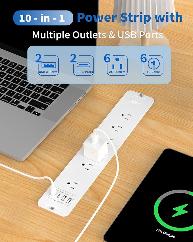 Inhwatek Recessed Power Strip, Surge Protector with USB Ports, Flush Mount Power Strip, 6Ft Flat Plug Extension Cord for Home Office Desk Kitchen Behind Furniture