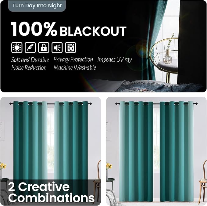 SimpleHome 100% Blackout Ombre Bedroom Curtains Teal and Greyish White - Image 3