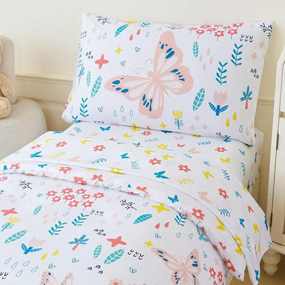 PERFEMET 5 Pieces Girls Bed in A Bag Full Size Reversible Pink Flowers Butterfly Comforter Set with Sheet Soft Lightweight Botanical Floral Bedding Set for Kids Teen(White, Full)