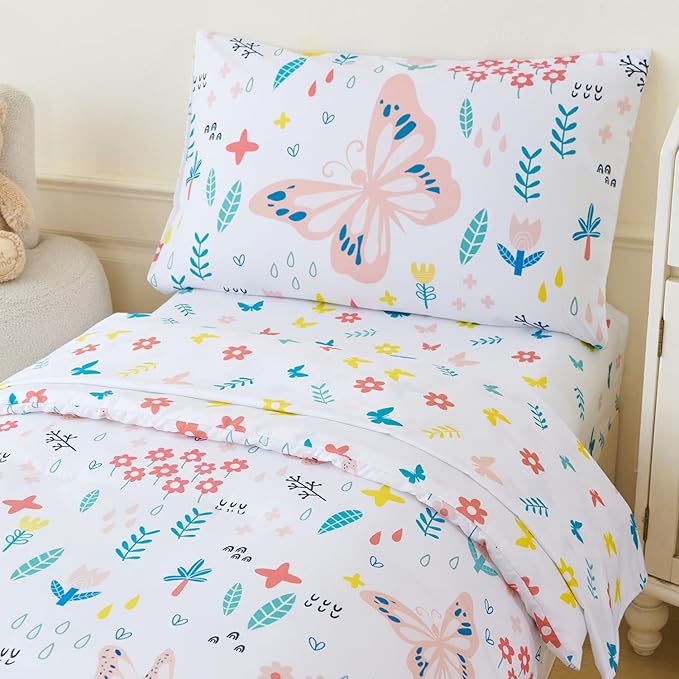 PERFEMET Girls Toddler Bedding Colorful Flower Blossom Comforter Set Butterfly Print Toddler Bedding Sets Ultra Soft Lightweight Bed-in-A-Bag for Toddlers(4 Pieces, White)