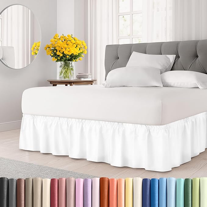 Wrap Around Dust Ruffle Bed Skirt - White - for Full Size Beds with 21 Inch Drop - Easy Fit Elastic Strap - Adjustable Pleated Bedskirt w/Brushed Fabric - Wrinkle Free - for Women, Men, Kids & Teens