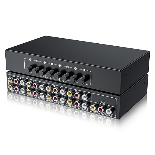 BolAAzuL RCA Switch 8 in 1 Out Composite Video L/R Audio Selector Box 8X1, 8-Way RCA Switcher - 8 Port AV Selector Switch - Plug & Play for Wii PS2 Xbox DVD STB HDTV