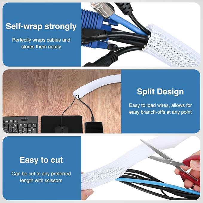 Nilight Cable Sleeve, 10ft-1inch Cord Management Sleeves, Braided Sleeving, Split Self Wrapping Wire Loom for Computer Electrical Automotive Harness Protector Organizer, White