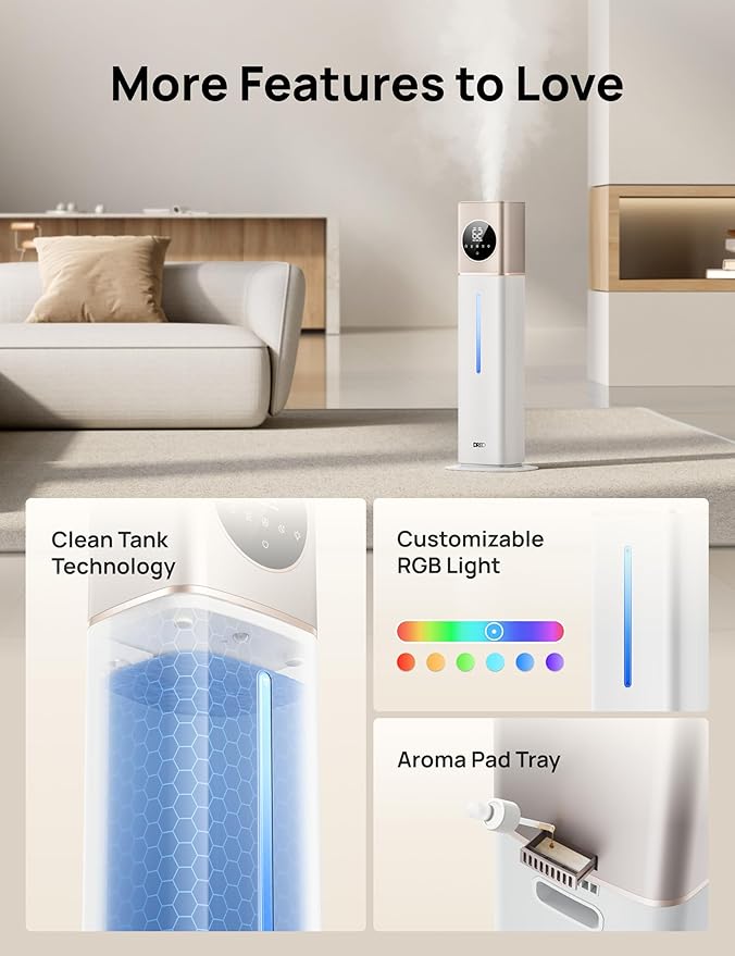 DREO HM735S 11L Smart Humidifier Large Room 700 ft², 100H Cool Mist Air Humidifiers for Bedroom, Top-Fill, Clean Tank Technology, 26dB, Auto Mode, Aroma Box, RGB, Remote & APP Control, Baby, Starlight