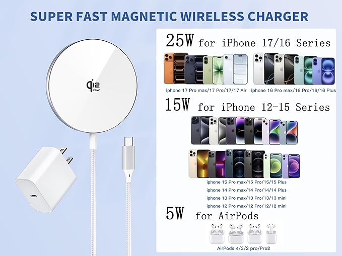 [Apple MFi Certified]25W Magnetic Wireless Charger for iPhone,Qi2.2 Certified 6FT Fast Apple MagSafe Charger Wireless Charging Pad for iPhone 17/17Air/16 ProMax/15 ProMax/14/13/12/AirPods3/2/Pro/Pro2