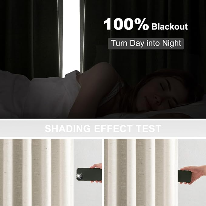 100 Inches Long 100% Blackout Natural Linen Curtains, Farmhouse Pinch Pleated - Image 5