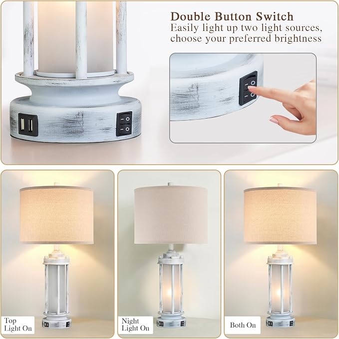 AIEAMPDO 25" Set of 2 Antique White Rustic Table Lamps 2 USB C+A Ports | - Image 2