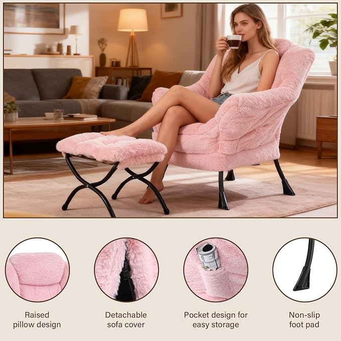 Welnow Lazy Chair with Ottoman, Reading Chair with Footrest, Plush Pink | A - Image 4