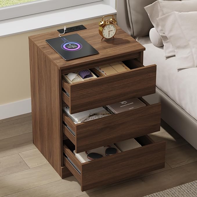 Nightstands Set of 2 with Charging Station and Drawer, Walnut | Bedside Tables - Image 6