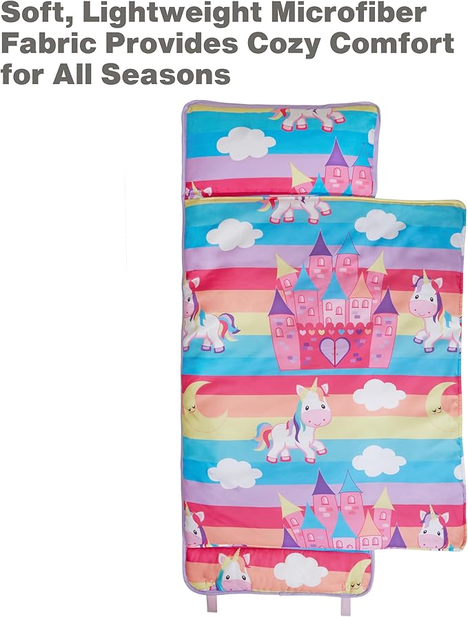 EVERYDAY KIDS Nap Mat with Removable Pillow - Unicorn Dreams - Carry Handle with Straps Closure, Rollup Design, Soft Microfiber for Preschool, Daycare, Travel Sleeping Bag - Ages 3-6 Years