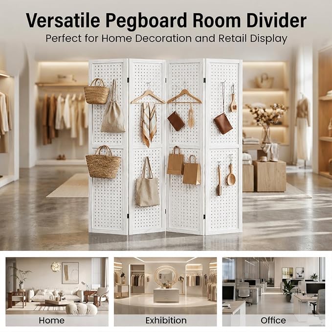 4 Panel Pegboard Room Divider, Folding Privacy Screen, Freestanding Wooden - Image 4