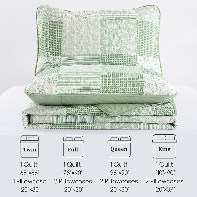Mybedsoul Light Green Quilt Set Twin Size Dorm Bedding, 2 Pieces Plaid Floral - Image 7