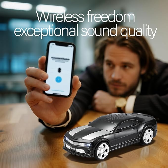 WSTER Sports Car Model Bluetooth Speaker with Stereo Sound, TWS Pairing, LED Party Lights, USB/TF Playback, Movable Wheels, Unique Retro Car Gifts (Black)
