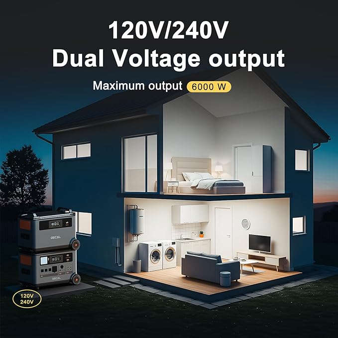 Oscal PowerMax 6000 Portable Power Station with 400W Solar Panel 3600Wh LiFePO4 Batteries, 6000W Output (9000W Peak), 5ms UPS, Solar Generator for Home, RVs, Emergencies, Power Outages