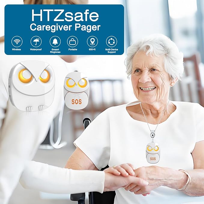 HTZSAFE Caregiver Pager Wireless Call Button 500+ Feet, SOS Alert Nurse Calling Elderly Fall Help System for Patient/Disabled Monitoring at Home, IP55 Waterproof, 2 Transmitters + 2 Receivers, White