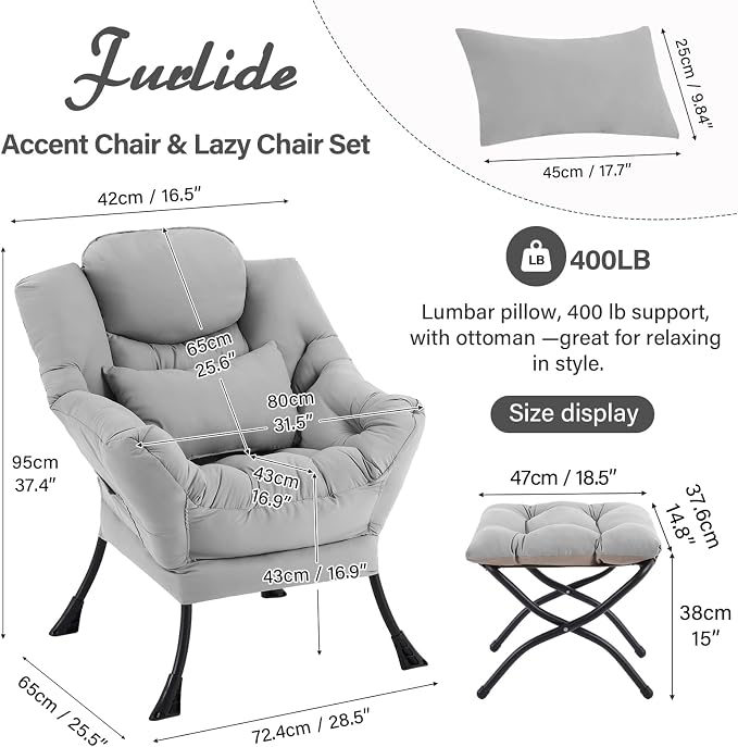 Furlide Lazy Chair with Ottoman, Modern Lounge Chair with Lumbar Pillow - Image 2