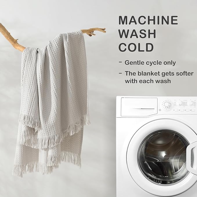 100% Cotton Waffle Blanket with Fringe, Pre-Washed Waffle Weave Blanket for All Season, Lightweight Breathable Soft Cozy Throw Blanket for Couch, Bed, Travel (Light Grey - 66x90 Inches)