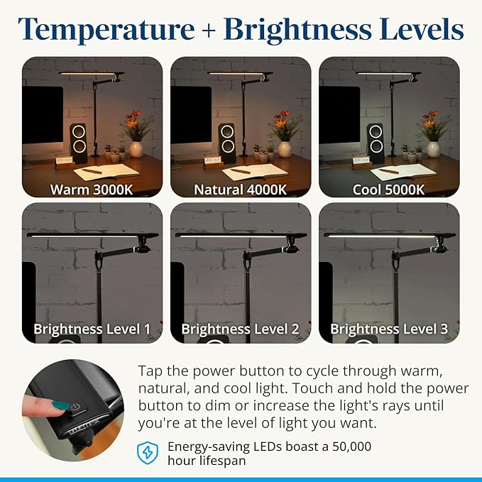 UPLIFTDESK E7 LED Desk Lamp with Clamp, Black Lamp with Silver Base