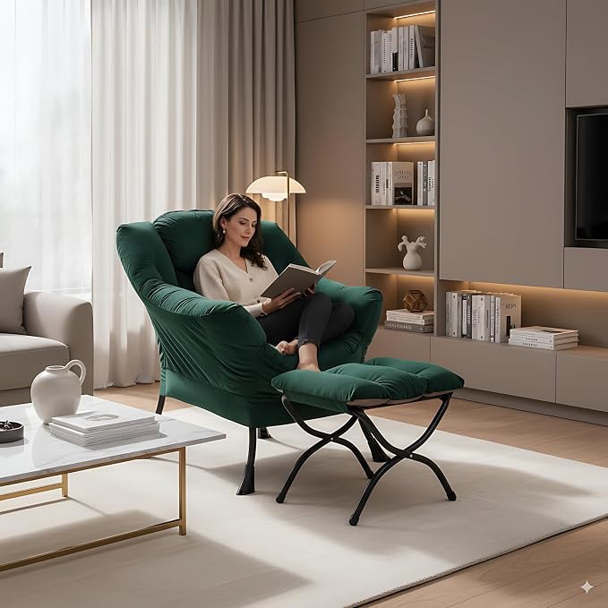 Lazy Chair with Ottoman, Comfy Accent Reading Chair, Velvet Green | Foldable - Image 2