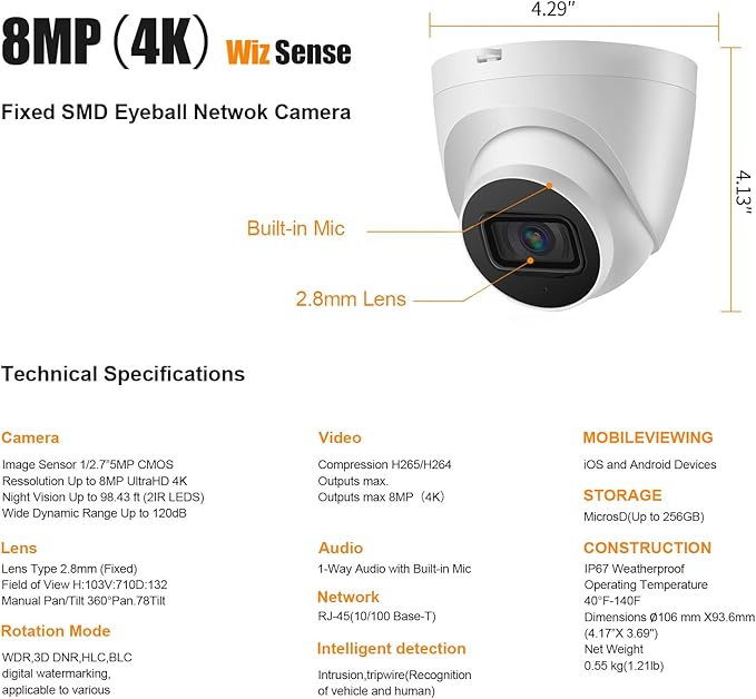 OHBET DahuaSecurity 4K 8MP PoE IP Dome Camera – Outdoor AI Security Turret Camera with Human & Vehicle Detection, 98ft IR Night Vision, IP67, Built-in Mic, Smart Surveillance for Home