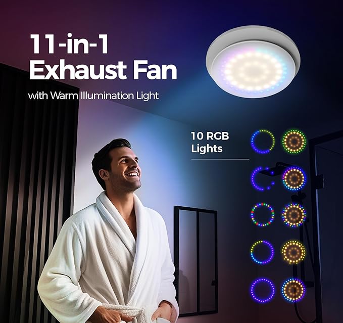 6" Bathroom Exhaust Fan with Light, 10 RGB Lights Upgraded 2 Way 6 Speed Bathroom Fan with Light & Remote DC Motor 3000 RPM Energy Saving Household Ventilation Fans for Attic Basement Garage P208A2