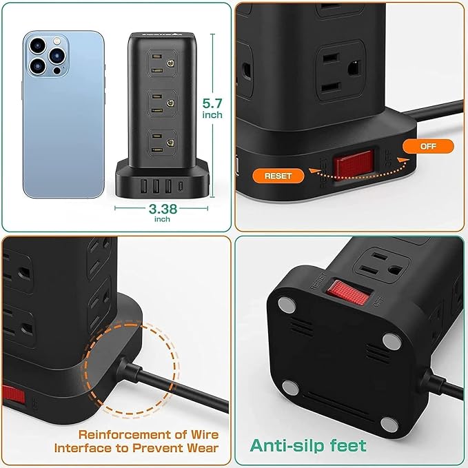 Extension Cord with Multiple Outlets, SMALLRT Power Strip Tower, Outlet - Image 5