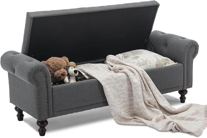 SOFTHION 58.1" Storage Bench for Bedroom, Linen Upholstered by SofthionDesign