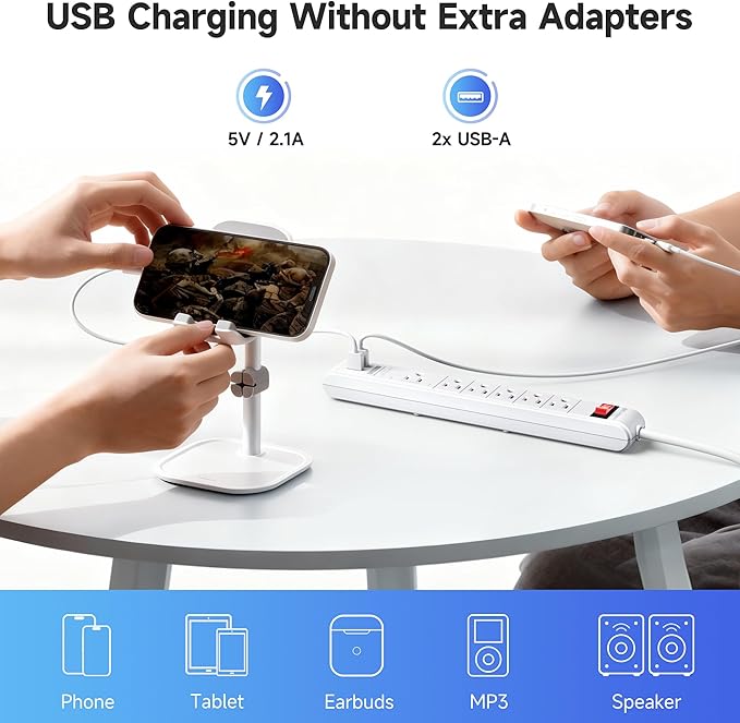 [ETL Listed] Cable Matters 2-Pack 6-Outlet Surge Protector Power Strip with USB Ports - 12ft, Long Extension Cord, Surge Protector with USB Ports, White