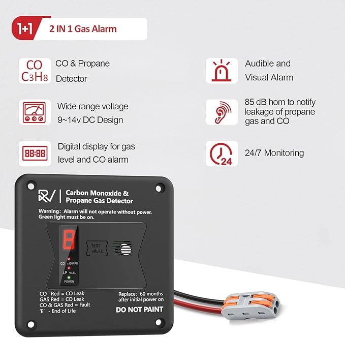 RV Carbon Monoxide and Propane Detector, Replace The Old RV Gas Detector #31011,2 in 1 Dual CO/LP Gas Alarm,100dB Loud Alarm,12V DC for Motorhome Travel Trailer, Motor Coach (R503 Flush Mount-Black)