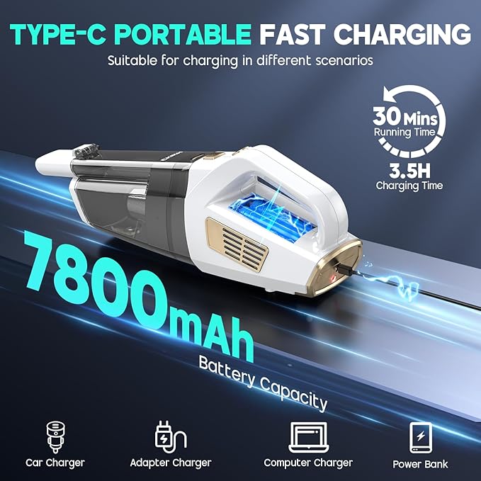 CKIKH Handheld Vacuum Cordless, 15000PA Strong Suction Hand Held Car Vacuum Cleaner Portable with Multi-Nozzles & Washable Filter, Lightweight Dust Busters Rechargeable for Home, Car, Office, Pets