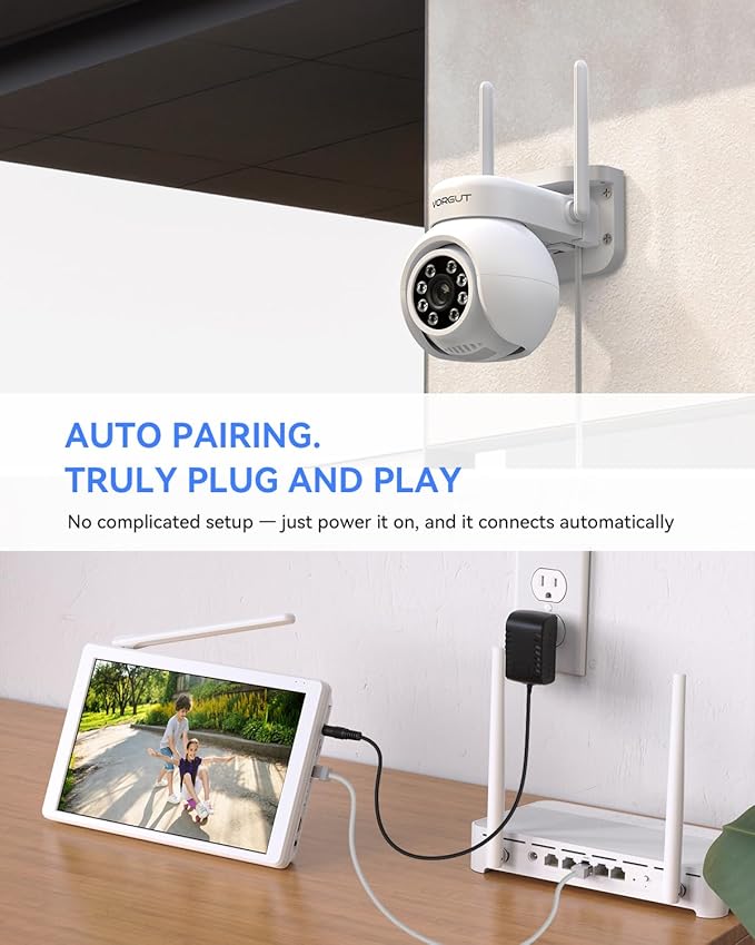 VORGUT Wireless Security Camera System with 10" LCD Monitor, 2PCS 3MP PTZ Outdoor Camera for Home Surveillance, 10CH NVR with 500G HDD,Auto Tracking,Human Detection,Color Night Vision,No Monthly Fee