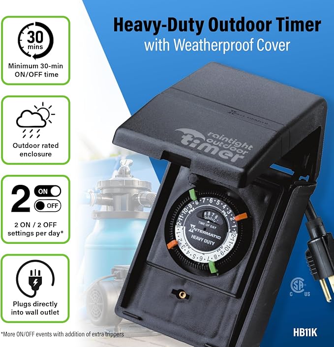 Intermatic HB11K Heavy-Duty Outdoor Plug-in Timer – 2 ON/2 Off Settings, 30-Min Minimum Intervals, Weatherproof Flip Cover, 15A/1800W, 1 HP Rated, 13" Cord – Ideal for Pool Pumps, Lights, Decorations