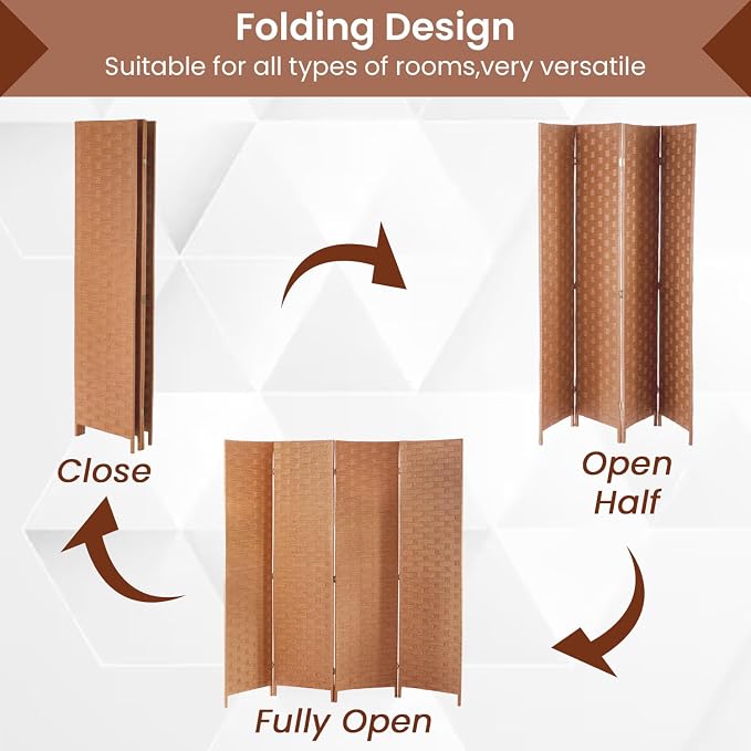 Room Divider Wall Divider 6FT 4 Panels Wood Mesh Hand-Woven Indoor Room Screen - Image 3