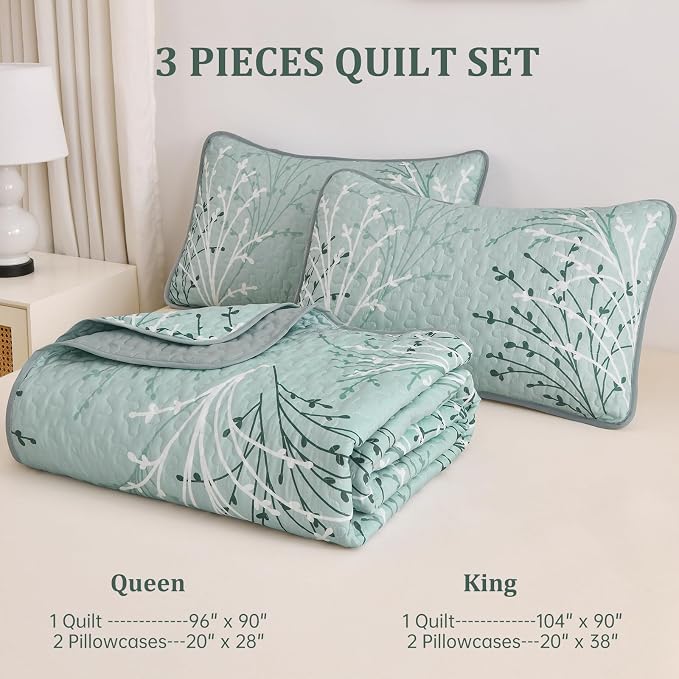 DJY Aqua Quilt Set Queen Size Branch Botanical Bedspread Coverlet Set | 3 - Image 8