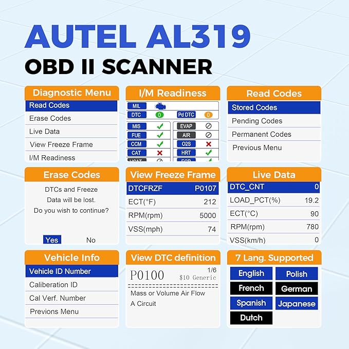 Autel Professional OBD2 Scanner AL319 Code Reader, Enhanced Check and Reset Engine Fault Code, Live Data, Freeze Frame, CAN Car Diagnostic Scan Tools for All OBDII Vehicles After 1996, 2026 Upgraded