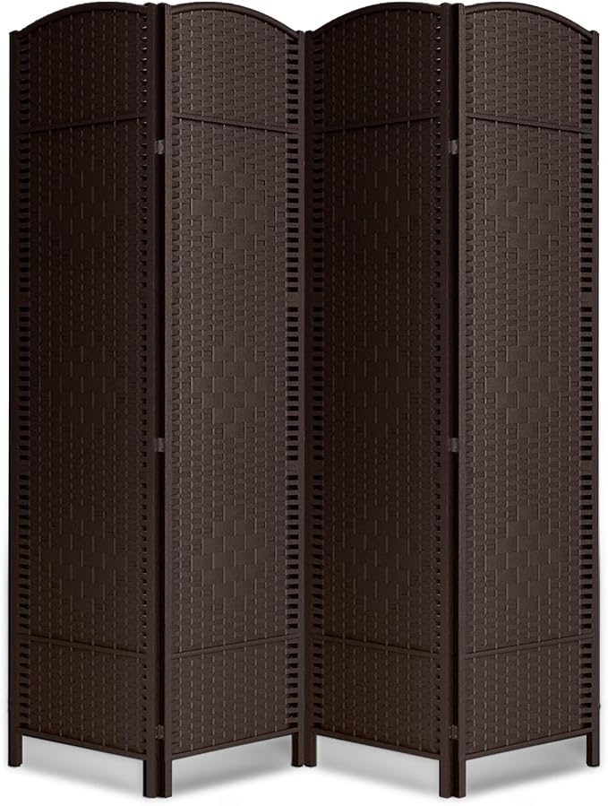 4 Panel Folding Room Divider, Woven Privacy Screen, Chocolate | Solid wood frame by cocosica