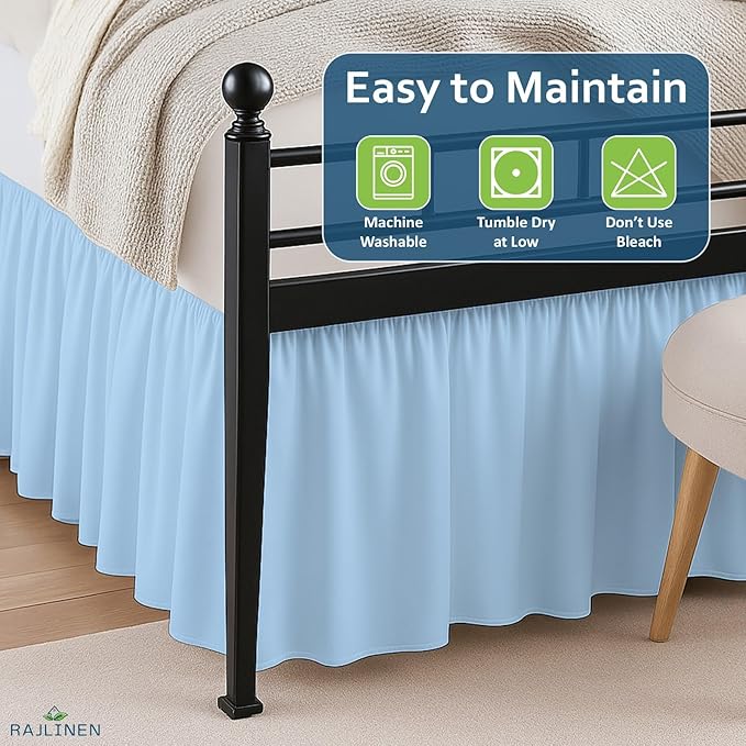 Rajlinen Ruffled Bed Skirt California King, 18 Inch Drop Dust Ruffle with Split Corners, 100% Microfiber Bedskirt with Platform, Three-Sided Coverage Ruffled Gathering Design, Light Blue