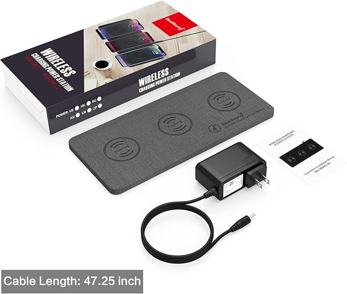 ZealSound Triple Wireless Charger,Charging Pad,Ultra Slim Fast 3x10W Charger Station for Multiple 3 Devices New Airpods Samsung Earbuds Mat Dock W/AC Adapter for All Wireless Charging Phones